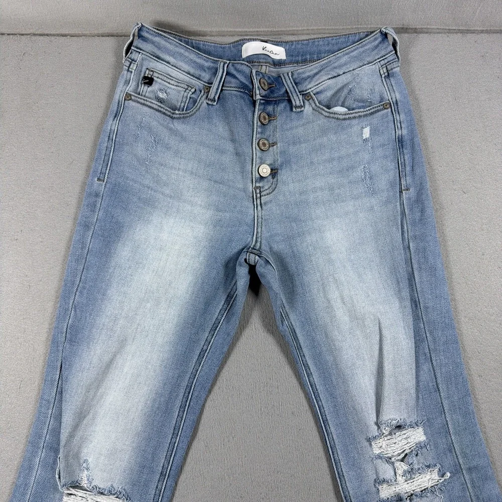 KanCan Jeans Women 9/28 High Rise Flare Light Wash Blue Distressed Fringe Hem